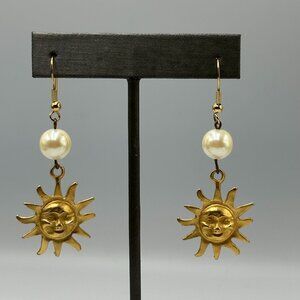 3/$30 Celestial Sun Face Dangle Earrings Gold Tone Faux Pearl Drop Pierced 2"